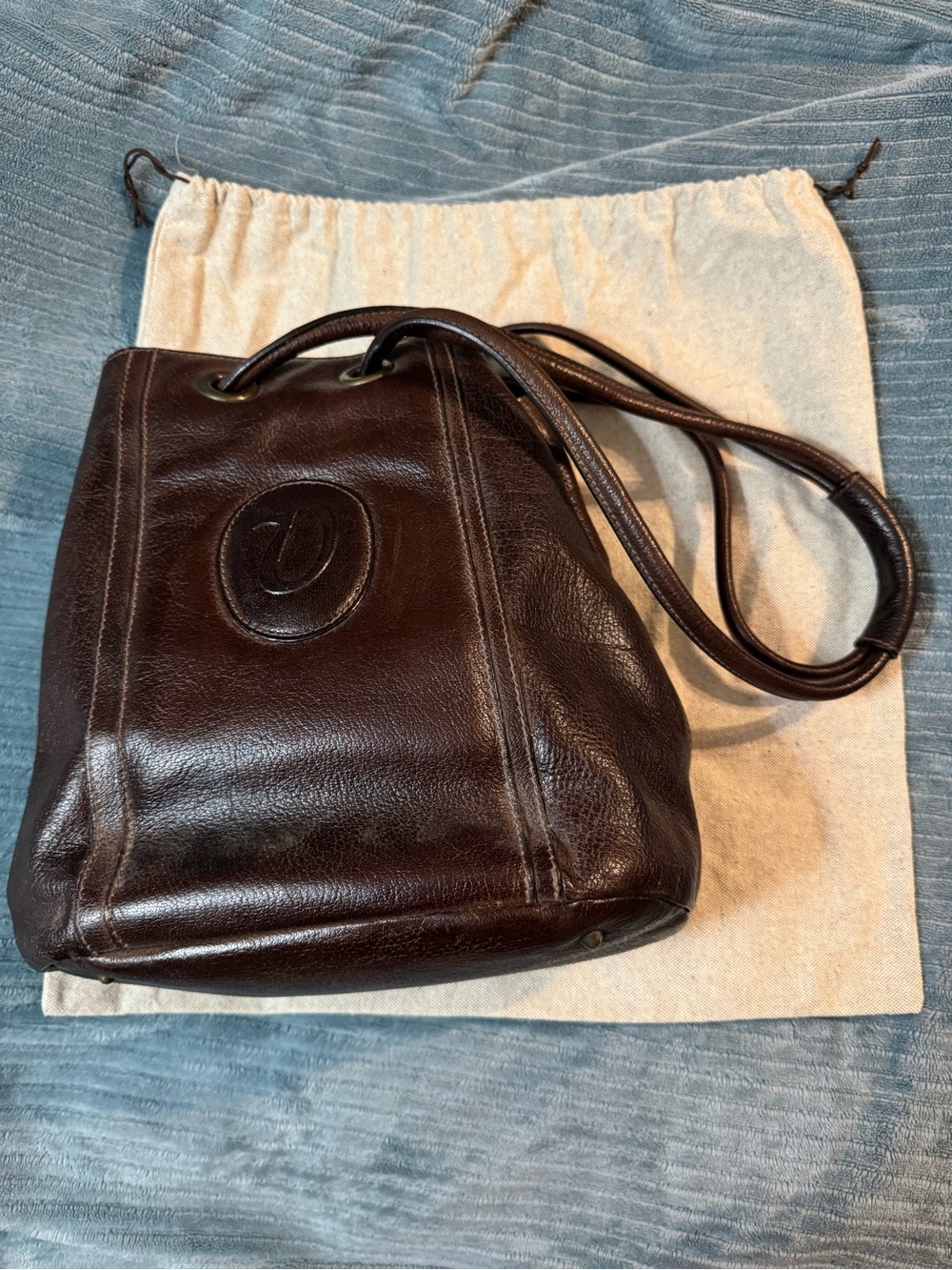 Dark Brown Leather Shoulder Bag with Embossed Logo